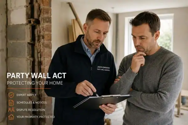 Party wall surveyor Barnsley discussing extension plans with homeowner outside a UK semi-detached house.